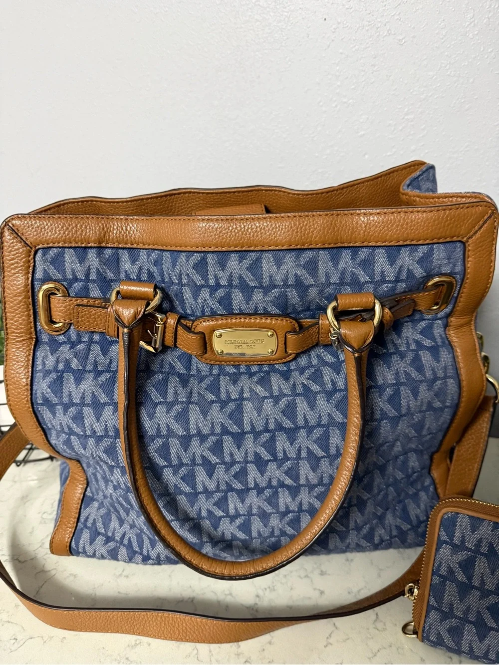 Michael Kors Blue MK Logo Tote with Brown Trim and Matching Wallet - Picture 2 of 10